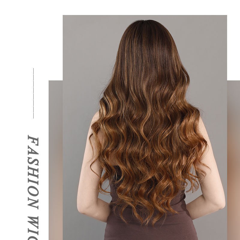 Golden Brown Ombré Straight Bangs Korean Big Wave Wig