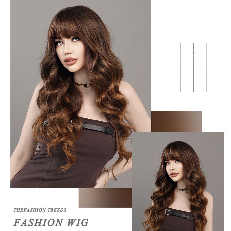 Golden Brown Ombré Straight Bangs Korean Big Wave Wig