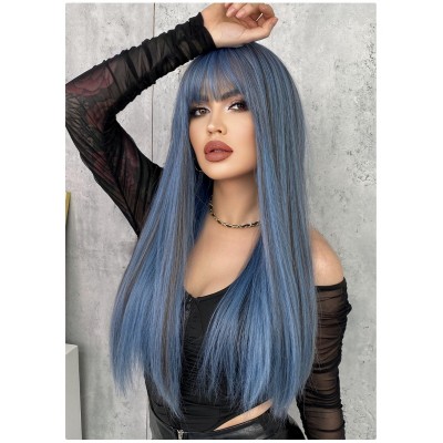 Mermaid Blue Highlights Straight Bangs Long Straight Wig