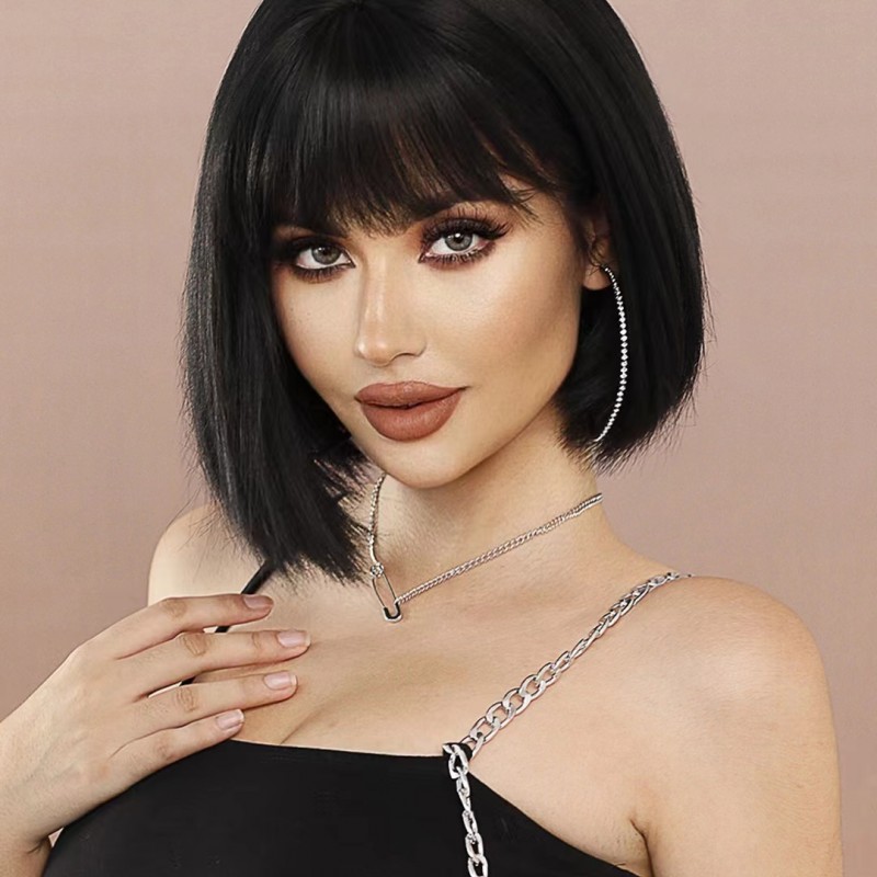 Black Straight Bangs Bob Cut Synthetic Wig