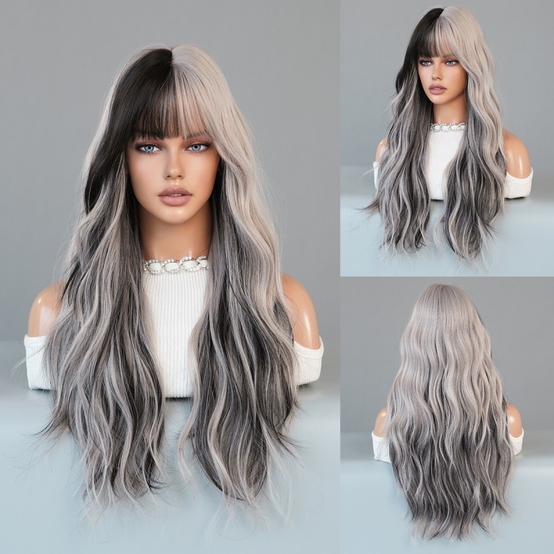 Silver Grey to Brown Ombré Long Big Waves Wig