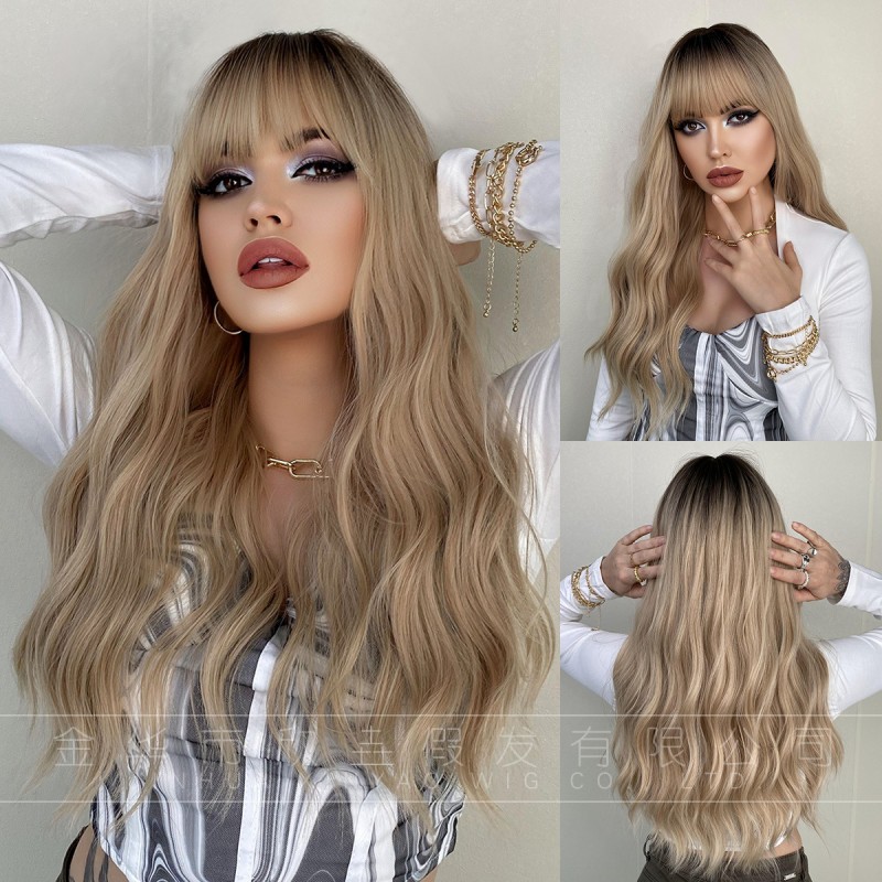 Golden Brown Ombré Straight Bangs Korean Big Wave Wig