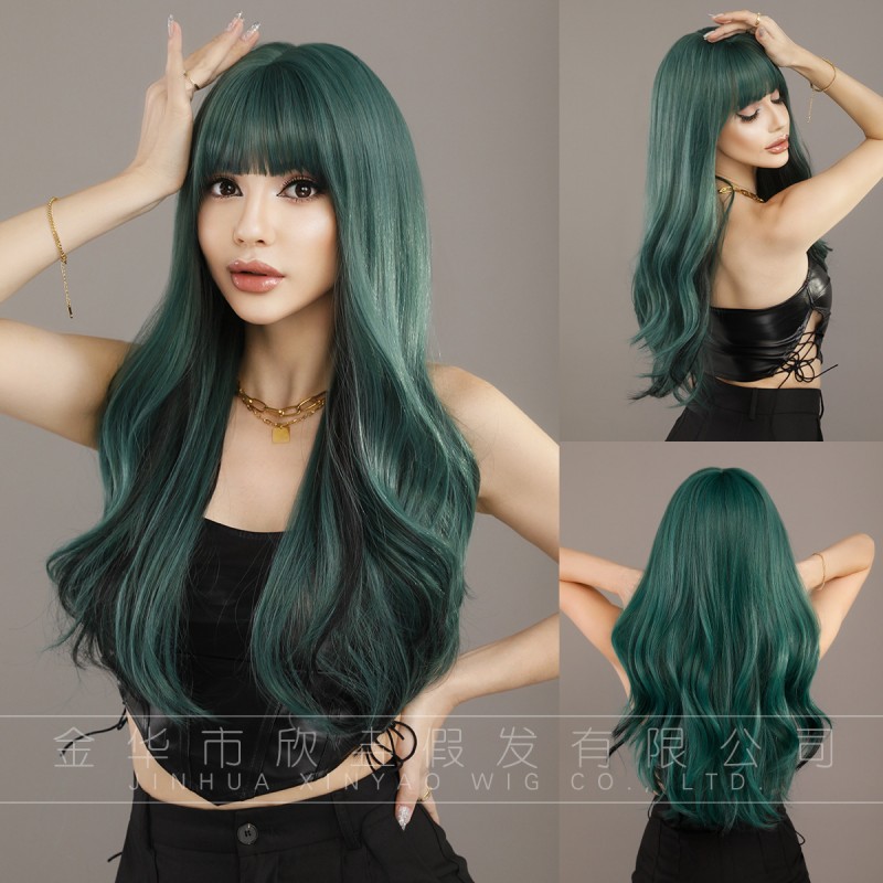 Golden Brown Ombré Straight Bangs Korean Big Wave Wig