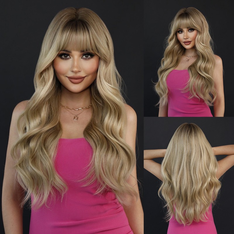 Elegant Milk Tea Blonde Big Waves with Bangs Wig