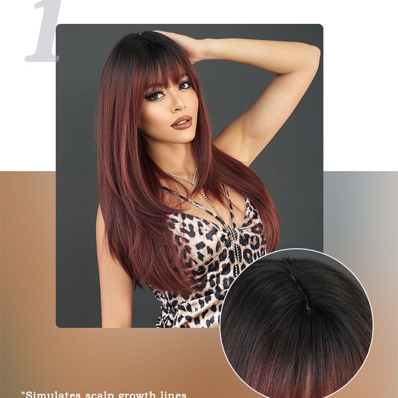 Raspberry Red Long Straight Wig with Bangs and Ombre Root Synthetic Wig