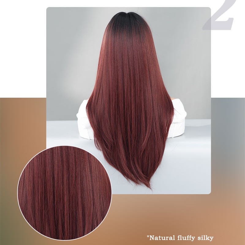 Raspberry Red Long Straight Wig with Bangs and Ombre Root Synthetic Wig