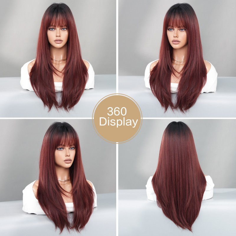 Raspberry Red Long Straight Wig with Bangs and Ombre Root Synthetic Wig