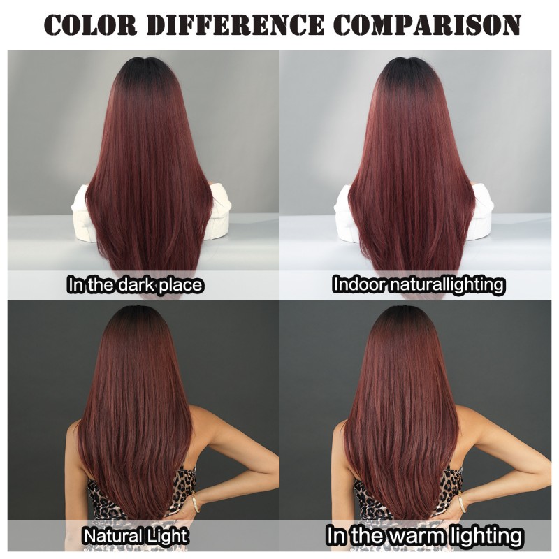 Raspberry Red Long Straight Wig with Bangs and Ombre Root Synthetic Wig