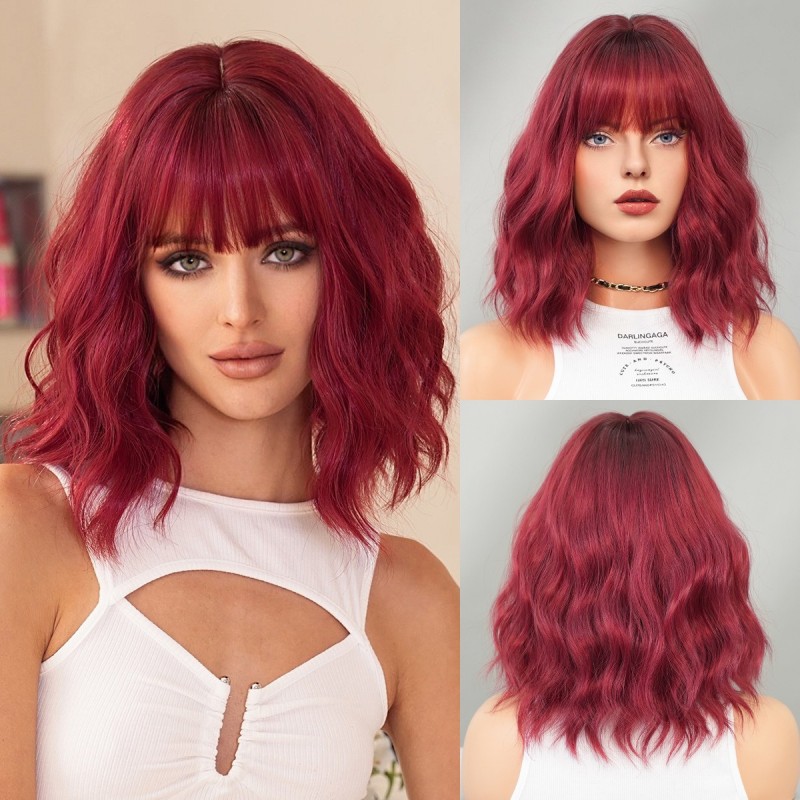 Wine Red Short Wavy Bob Wig with Straight Bangs