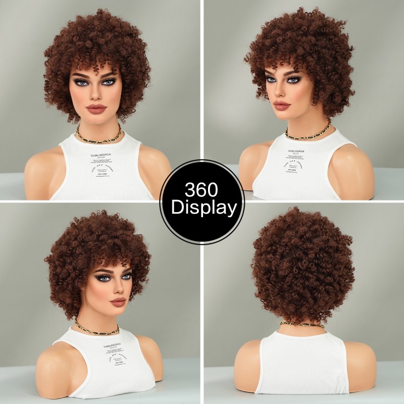 African American Women's Short Springy Curl Synthetic Wig with Brown Tresses and Pixie Cut Bangs