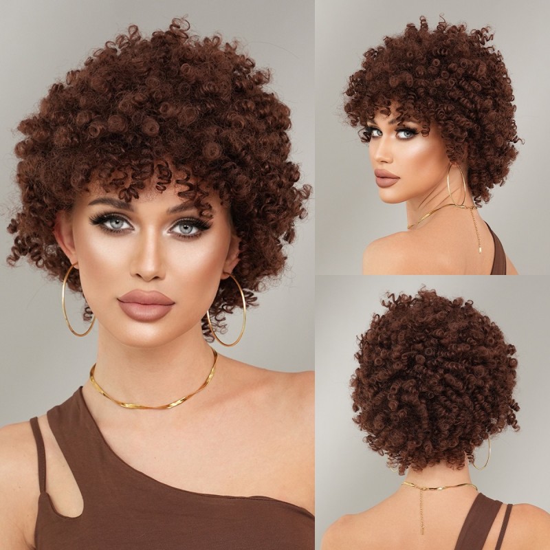 African American Women's Short Springy Curl Synthetic Wig with Brown Tresses and Pixie Cut Bangs