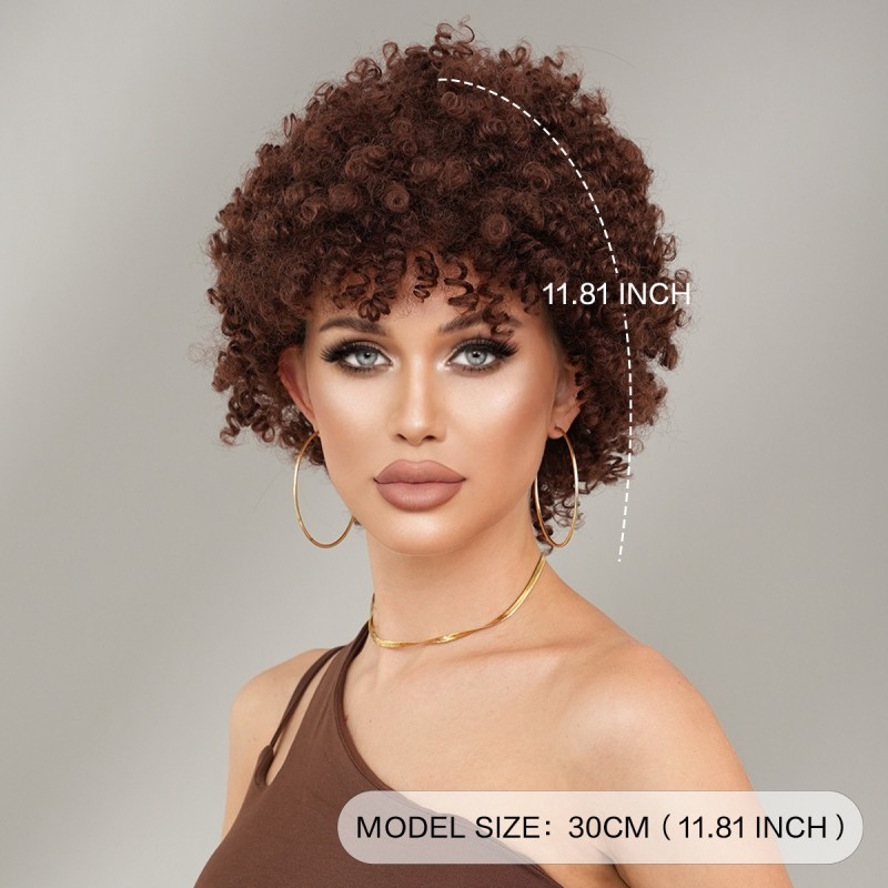 African American Women's Short Springy Curl Synthetic Wig with Brown Tresses and Pixie Cut Bangs