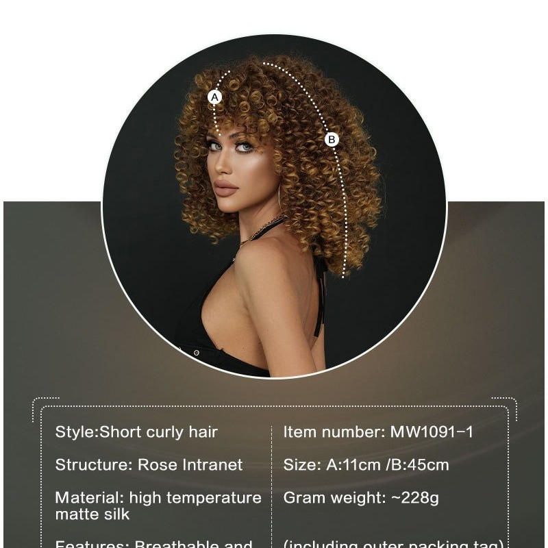 African American Women's Short Springy Curl Synthetic Wig with Honey Blonde Highlights & Pixie Cut Bangs