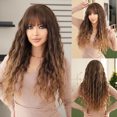 Ombre Ash Brown Deep Wavy Bangs on Long Curly Hair