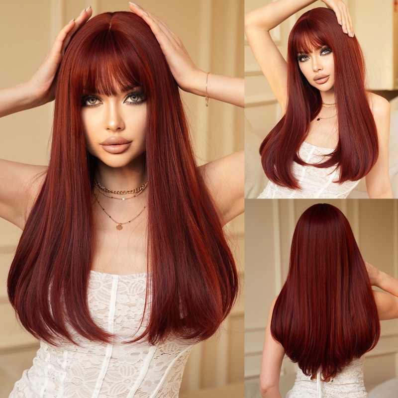 Retro Red Long Straight Wig with Inverted Bob Cut