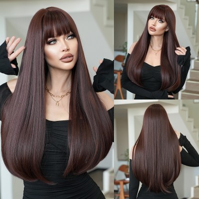 Extra-Long Straight Mocha Brown Wig with Bangs