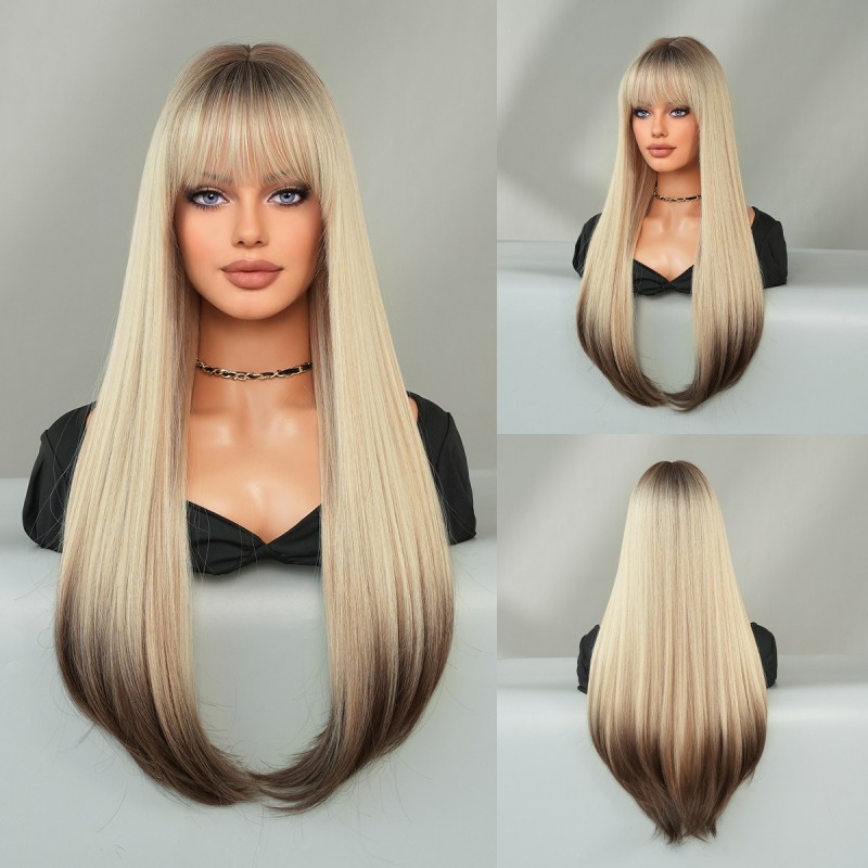 Extra-Long Straight Mocha Brown Wig with Bangs