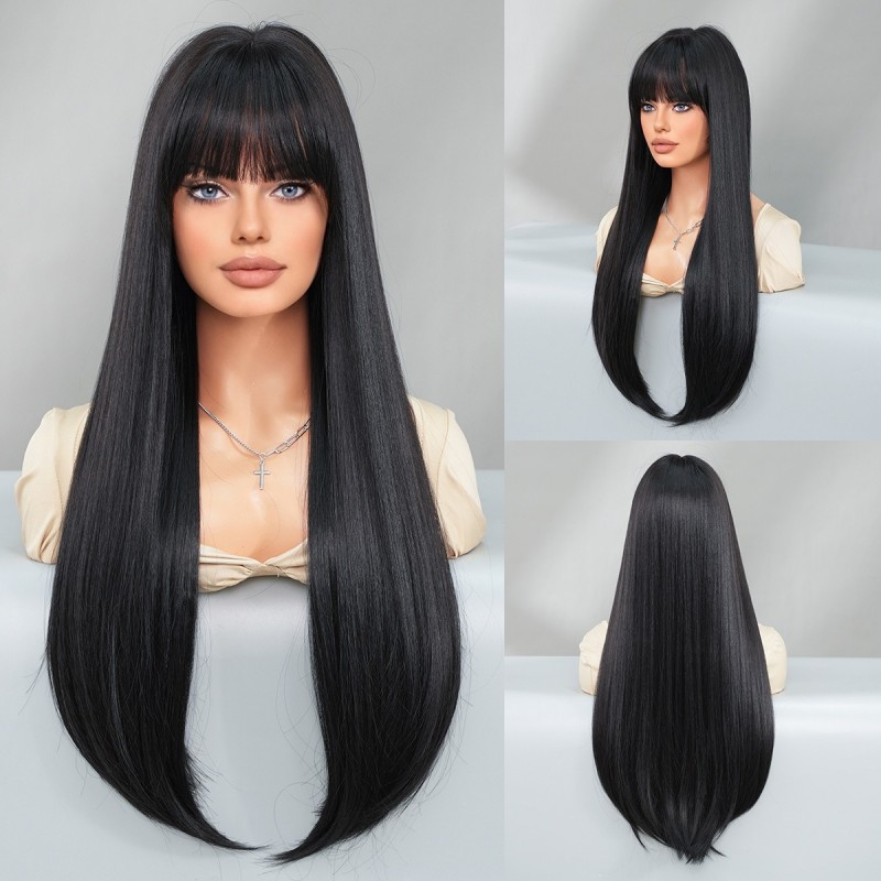 Extra-Long Straight Mocha Brown Wig with Bangs