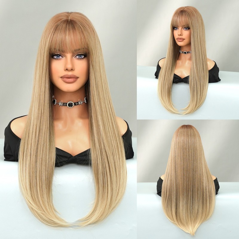 Extra-Long Straight Mocha Brown Wig with Bangs