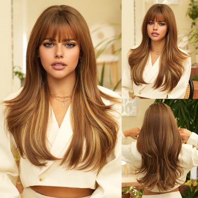 Blonde Bangs with Blue and Brown Highlights on Long Curly Hair