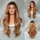 Mid-Part Long Wavy Wig with Amber Brown and Blonde Highlights