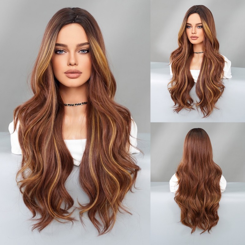 Mid-Part Long Wavy Wig with Amber Brown and Blonde Highlights