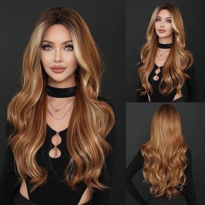 Mid-Part Long Wavy Wig with Amber Brown and Blonde Highlights