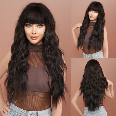 Natural Black Long Hair with Big Waves and Blunt Bangs