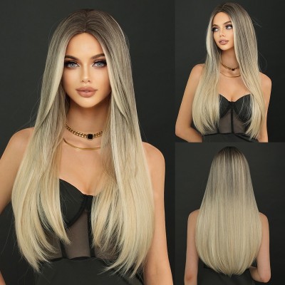 Long Straight Haired Middle Part Gray Gold Ombre Wig