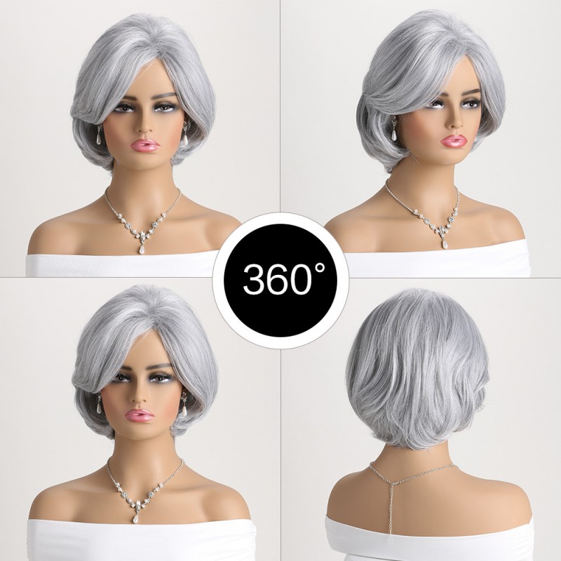 Cool Silver Off-center Part Short Curly Wig